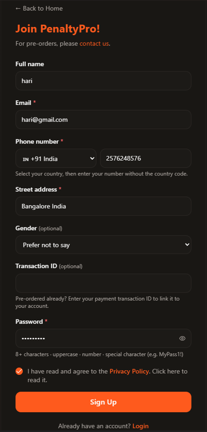 PenaltyPro sign up form